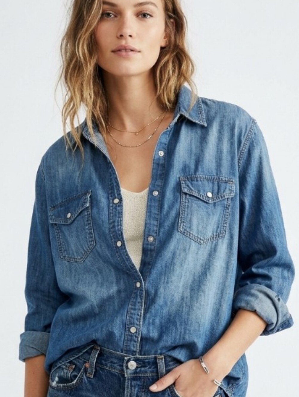 Denim Timeless Classic Fit Long Sleeve Snaps Jean Shirt 100% Cotton